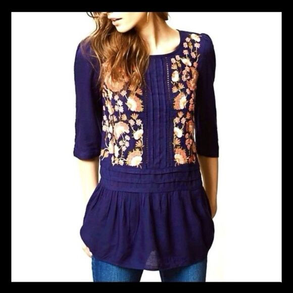 Floreat Anthropologie Luana Blouse Embroidered Floral 3/4 Sleeves Navy Size 2 - Picture 1 of 12